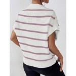  Essnce Striped Print Round Neck Loose Knit Top