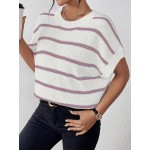  Essnce Striped Print Round Neck Loose Knit Top