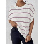  Essnce Striped Print Round Neck Loose Knit Top