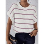  Essnce Striped Print Round Neck Loose Knit Top