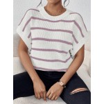  Essnce Striped Print Round Neck Loose Knit Top