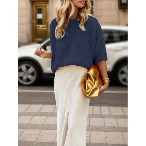  Women Casual Loose Fit Round Neck Dolman Sleeve Solid Color Top