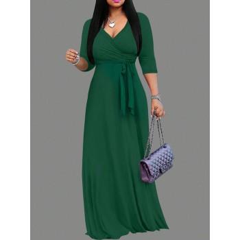 Women s Solid Color V Neck Long Sleeve Summer Dress