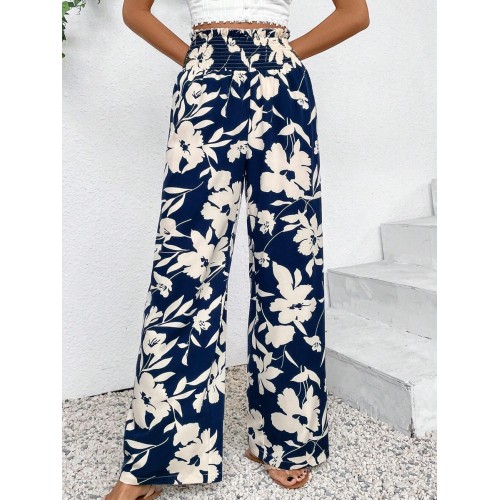  Floral Print Shirred High Waist Wide Leg Pants