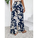  Floral Print Shirred High Waist Wide Leg Pants