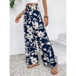  Floral Print Shirred High Waist Wide Leg Pants