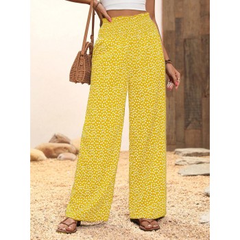  Vacation Casual Ditsy Floral Print Shirred Waist Wide Leg Pants