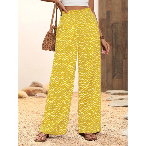  Vacation Casual Ditsy Floral Print Shirred Waist Wide Leg Pants