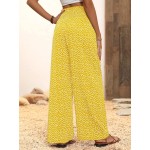  Vacation Casual Ditsy Floral Print Shirred Waist Wide Leg Pants