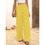  Vacation Casual Ditsy Floral Print Shirred Waist Wide Leg Pants