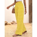  Vacation Casual Ditsy Floral Print Shirred Waist Wide Leg Pants