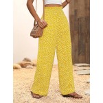  Vacation Casual Ditsy Floral Print Shirred Waist Wide Leg Pants