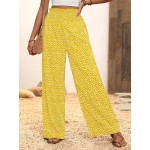  Vacation Casual Ditsy Floral Print Shirred Waist Wide Leg Pants