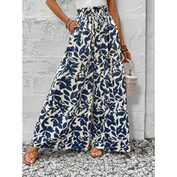  Summer Romantic Women s Plant Printed Wide Leg Loose Fit Vacation Pants With Frilled Waistline And Tie Knot