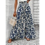  Summer Romantic Women s Plant Printed Wide Leg Loose Fit Vacation Pants With Frilled Waistline And Tie Knot