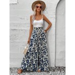  Summer Romantic Women s Plant Printed Wide Leg Loose Fit Vacation Pants With Frilled Waistline And Tie Knot