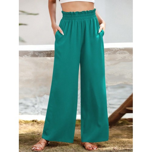  Frenchy Vacation Leisure Solid Color Paper Bag Waist Wide Leg Long Pants