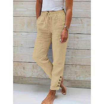 Solid Color Button Detail Elastic Waist Drawstring Pants