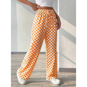 Plaid Printed Casual Loose Belted Wide Leg Pants