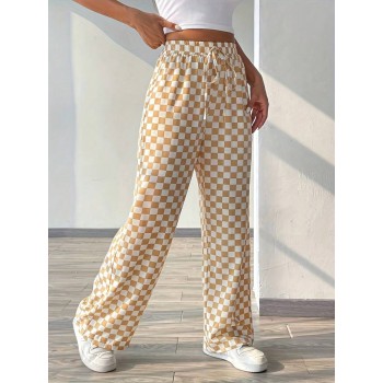 Checkered Print Casual Loose High Waist Wide Leg Pants With Tie