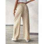 Checkered Print Casual Loose High Waist Wide Leg Pants With Tie