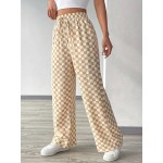 Checkered Print Casual Loose High Waist Wide Leg Pants With Tie