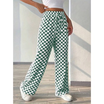 Checker Print Casual Wide Leg Pants With Drawstring Waist