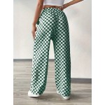 Checker Print Casual Wide Leg Pants With Drawstring Waist