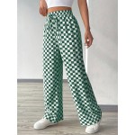 Checker Print Casual Wide Leg Pants With Drawstring Waist