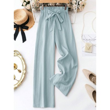  Women Frill Trimmed High Rise Loose Fit Casual Long Pants With Solid Color And Knot Belt Design