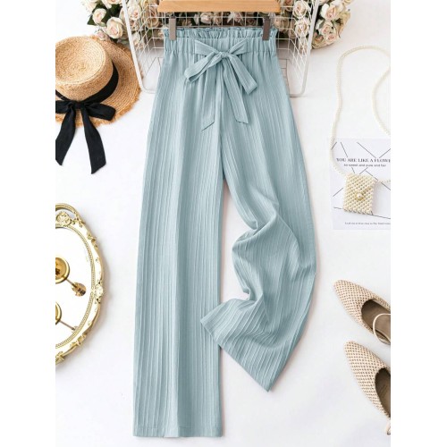  Women Frill Trimmed High Rise Loose Fit Casual Long Pants With Solid Color And Knot Belt Design