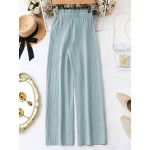  Women Frill Trimmed High Rise Loose Fit Casual Long Pants With Solid Color And Knot Belt Design