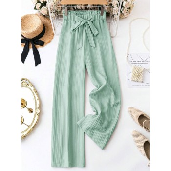  Women Plain Color Waist Belt Paper Bag Waist Casual Straight Leg Pants