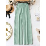  Women Plain Color Waist Belt Paper Bag Waist Casual Straight Leg Pants