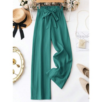  Women s Casual Solid Color Paper Bag Waist Straight Leg Pants