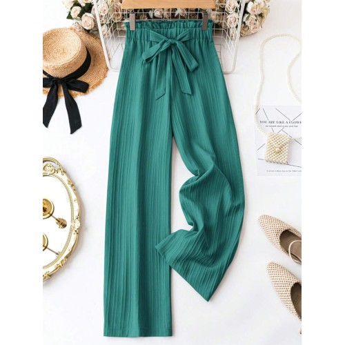  Women s Casual Solid Color Paper Bag Waist Straight Leg Pants