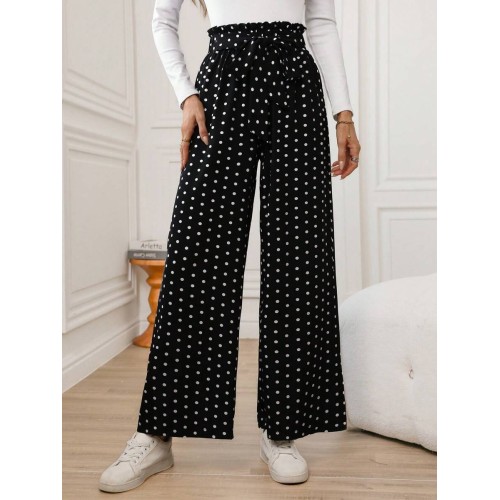  Retro Polka Dot Printed Casual Elastic Waist Wide Leg Pants With Front Tie Bow Ruffle Hem For Women