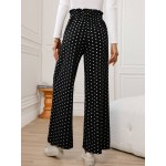  Retro Polka Dot Printed Casual Elastic Waist Wide Leg Pants With Front Tie Bow Ruffle Hem For Women