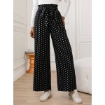  Retro Polka Dot Printed Casual Elastic Waist Wide Leg Pants With Front Tie Bow Ruffle Hem For Women