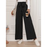  Retro Polka Dot Printed Casual Elastic Waist Wide Leg Pants With Front Tie Bow Ruffle Hem For Women