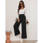  Retro Polka Dot Printed Casual Elastic Waist Wide Leg Pants With Front Tie Bow Ruffle Hem For Women