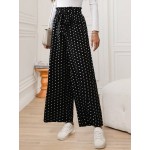  Retro Polka Dot Printed Casual Elastic Waist Wide Leg Pants With Front Tie Bow Ruffle Hem For Women