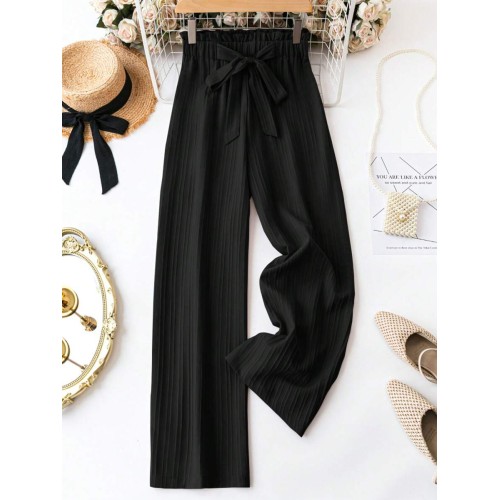  Ladies Solid Colored Textured Paper Bag Waist Long Pants