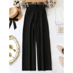  Ladies Solid Colored Textured Paper Bag Waist Long Pants