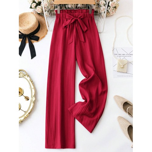  Women s Solid Color Paper Bag Waist Belted Casual Long Pants