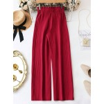  Women s Solid Color Paper Bag Waist Belted Casual Long Pants