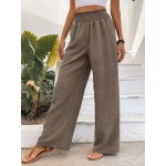  Women Fashionable Wide Leg High Waisted Straight Pants With Flower Gauze Fabric