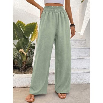  Wide Shirred Waist Straight Leg Trousers