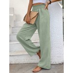  Wide Shirred Waist Straight Leg Trousers