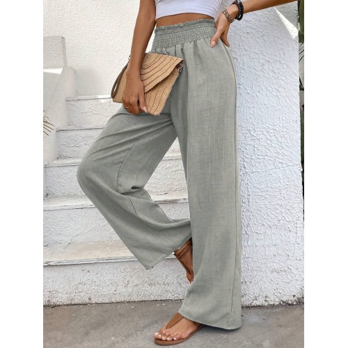  Pleated Wide Waistband Straight Leg Gauze Fabric Trousers